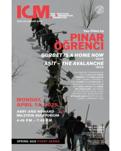 Pinar Ogrenci film still, marching line of people in the snow, aerial view
